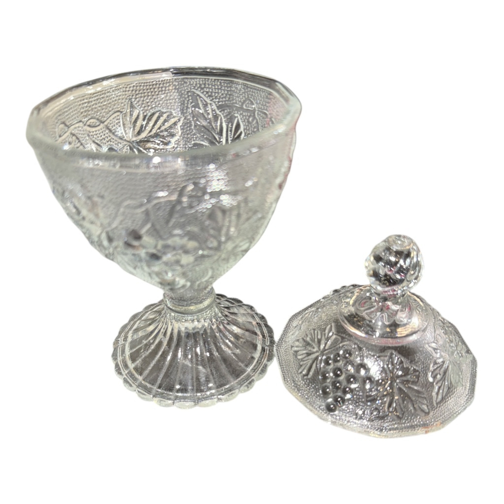 Vintage Cut Glass Candy Dish with Lid, Decorative Footed Bowl with Ornate Floral - Picture 2 of 3